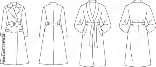 Minimalist technical fashion sketch of trench coat and wrap coat front and back view for apparel design and pattern making