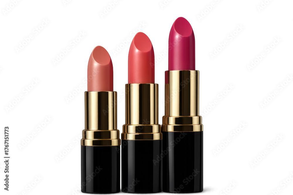 Obraz premium Three glamorous lipsticks in varying shades standing on transparent background