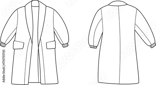 Minimalist technical flat sketch of long coat with shawl collar, ribbed cuffs, patch pockets, front and back fashion view