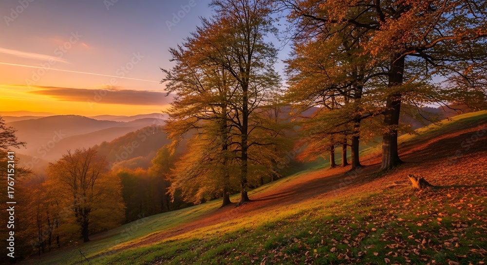 Naklejka premium Golden Autumn Sunset Over Rolling Hills and Forest Landscape.