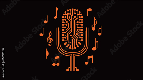 Concert, music festival, dance party, technological AI style, microphone made of circuit, notes fluttering