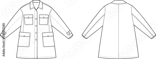 Technical fashion sketch of men's coat front and back view with patch pockets, button closure, seam details, vector drawing