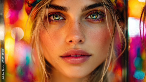 Captivating woman in virtual chaos artwork showcases vibrant colors and striking features that evoke sense of wonder and beauty