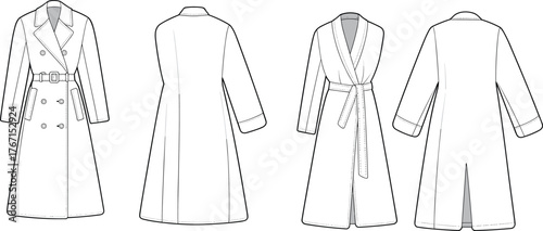 Technical fashion sketch of trench coat and wrap coat front and back views for garment design, pattern making, illustration
