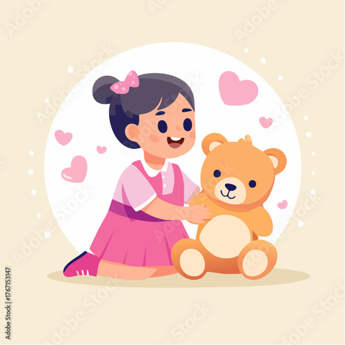 Adorable young girl with a happy smile engaging in playful interaction with her beloved brown teddy bear, surrounded by loving pink hearts, embodying joyful childhood innocence and affectionate care