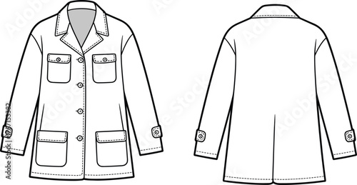 Technical flat sketch of men's coat with patch pockets, button closure, notched lapel, fashion design front and back view