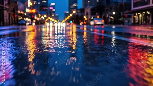Wallpaper Mural A rainy street scene at dusk, reflecting city lights on the wet pavement. Blurred cityscape visible Torontodigital.ca
