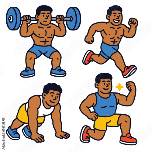 Muscular man lifting barbell, running, lunging, and preparing to sprint, fitness motivation