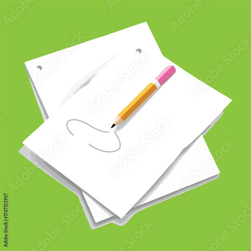 Simple Yellow Pencil Sketching Curved Line on White Notepad Pages Realistic Vector Graphic