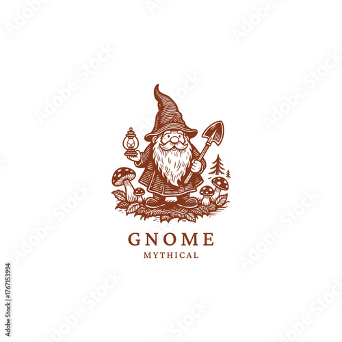 Charming garden gnome illustration in a detailed vintage engraving or woodcut style, holding a shovel and a lantern. The mythical character is surrounded by mushrooms and forest foliage