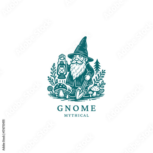 Charming garden gnome illustration in a detailed vintage engraving or woodcut style, holding a shovel and a lantern. The mythical character is surrounded by mushrooms and forest foliage