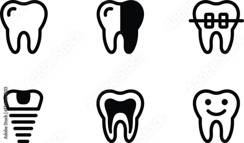 Dental Icons: Tooth, Implant, Braces, and Happy Tooth