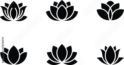 Six Black Lotus Flower Icons on White Background
