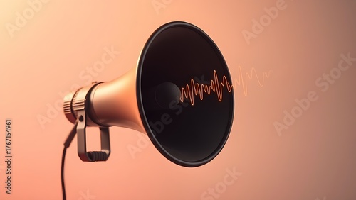 Vintage megaphone floating in abstract space with sound wave visualization and soft gradient lighting.
