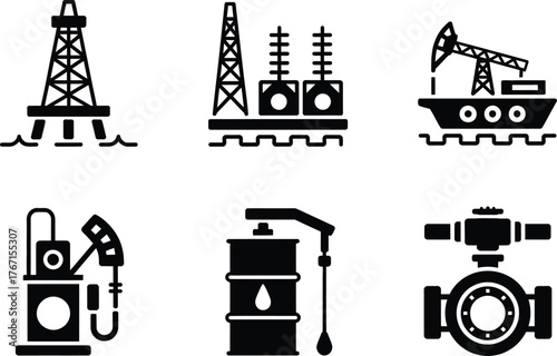 Oil Industry Icons: Rigs, Pumps, Barrels, and Valves
