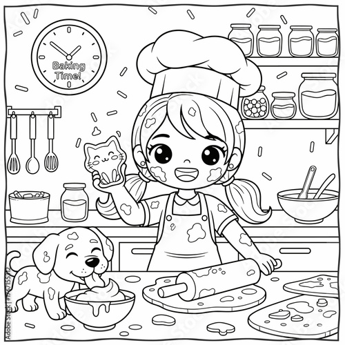 A girl making paper boats and floating them in a rain puddle Cute Kawaii Vector Illustration, Black and White Clip Art for Kids and Adults, Coloring Pages for kids and adults