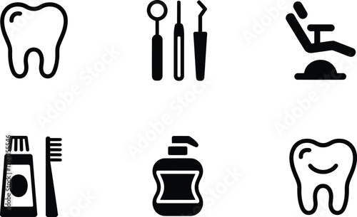 Dental Care Icons: Tooth, Tools, Chair, Toothbrush, Mouthwash, Happy Tooth