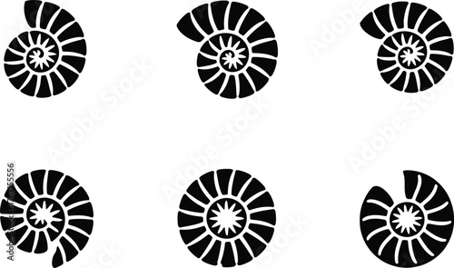 Six Black Ammonite Fossil Icons on White Background