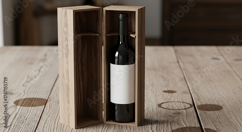 A bottle of dark wine in a partially opened wooden box sits on a textured, light-colored wooden table