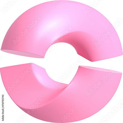 Pink donut shape cut in half, levitating in the darkness