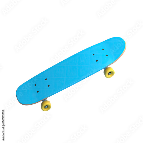 Sky blue skateboard w/yellow wheels on black background