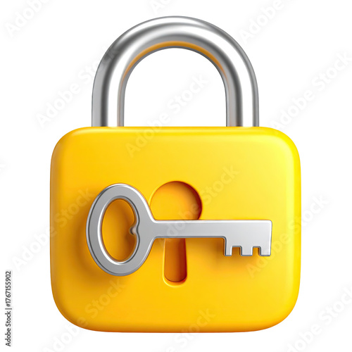 Yellow padlock with silver key inserting into keyhole