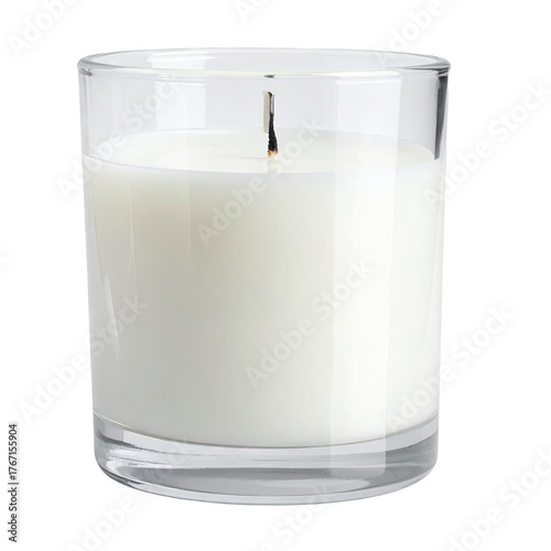 Clear glass holds solid white candle, centered image