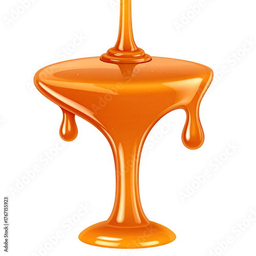 Glossy amber fluid drips down, forming smooth shapes
