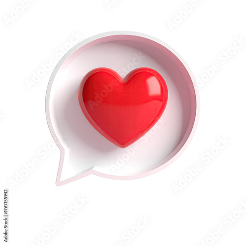 Red heart in white speech bubble, glossy finish
