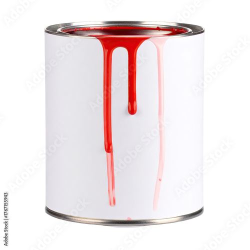 Red paint drips down a white, cylindrical metal can