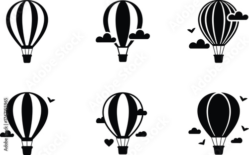 Collection of Six Black and White Hot Air Balloon Icons