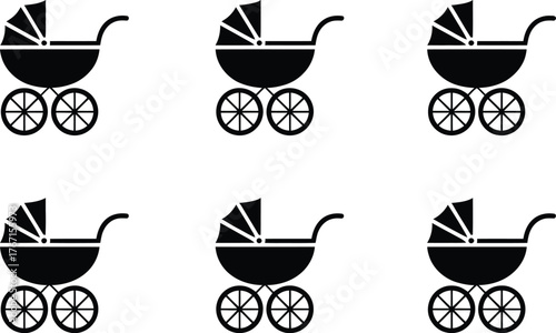 Six Black Silhouettes of Baby Strollers on a White Background