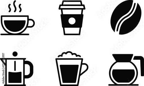Coffee Icons: Cup, To-Go Cup, Bean, French Press, Latte, Carafe