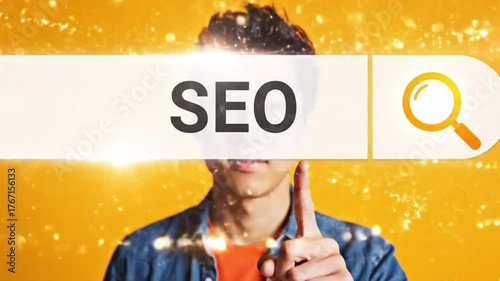 Portrait of a young man pointing upward under an SEO search bar concept, symbolizing digital marketing, search engine optimization, and online business strategy on a vibrant yellow background.