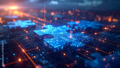 API Integration Visualization with Interlocking Puzzle Pieces and Futuristic Tech Background