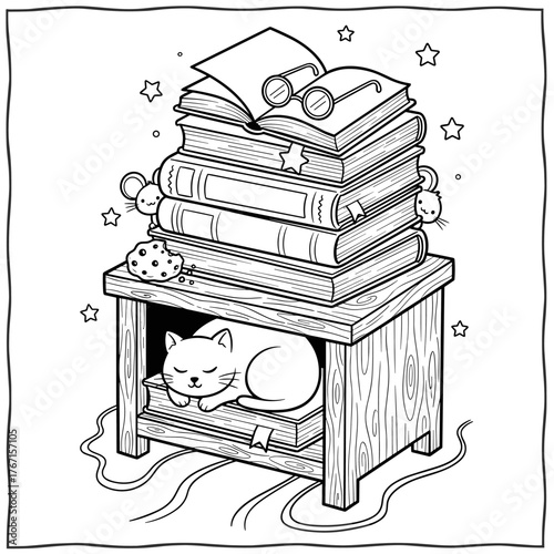 A stack of books on a nightstand with one open and a bookmark shaped like a star Cute Kawaii Vector Illustration, Black and White Clip Art for Kids and Adults, Coloring Pages for kids and adults
