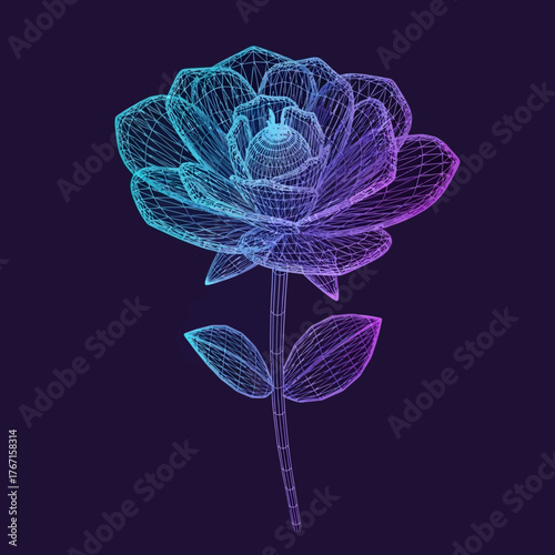 A wireframe illustration of a rose with a gradient of blue and purple hues against a dark background.