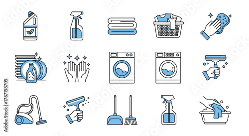Collection of cleaning icons depicting laundry, washing machines, cleaning products, and various cleaning tools in a light blue and white color scheme.