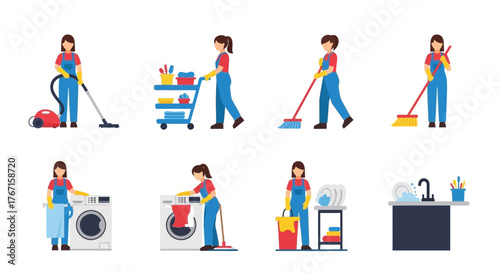 A collection of illustrations depicting a female cleaner performing various cleaning tasks, including vacuuming, mopping, washing clothes, and cleaning dishes.