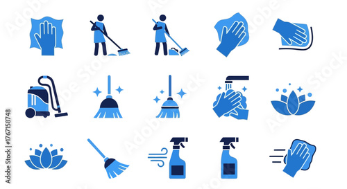 A collection of blue vector icons depicting various cleaning activities and tools, including sweeping, vacuuming, wiping, and hand washing.