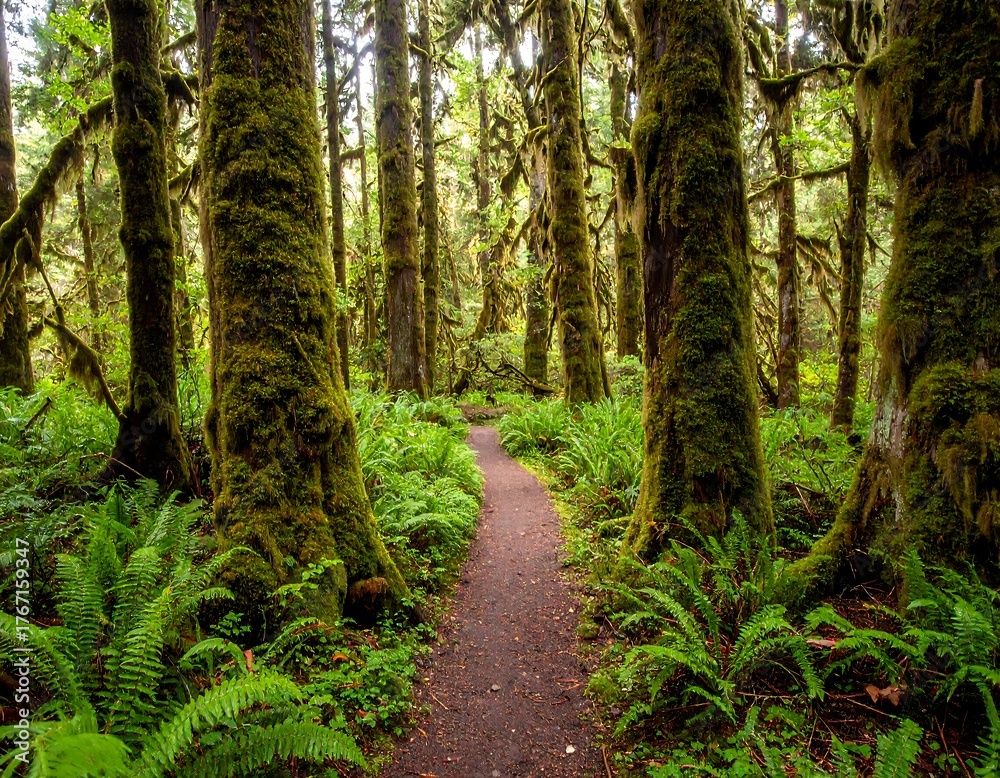 Fototapeta premium Lush forest path lined with mossy trees