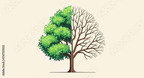 Half Green Half Dead Tree Illustration Symbolizing Environmental Change and the Importance of Sustainability Initiatives, Ideal for Ecology and Conservation Projects.