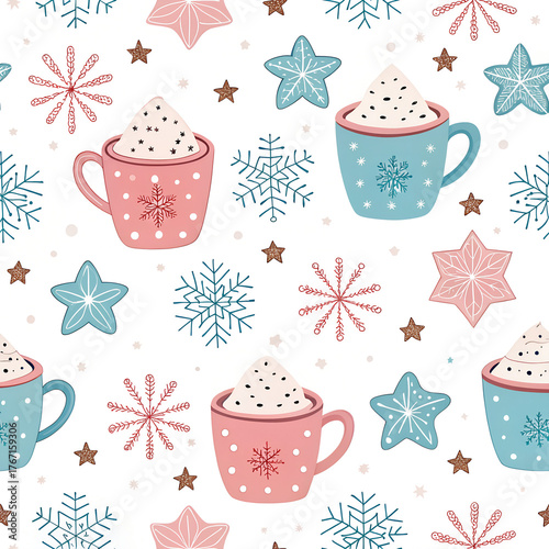 Seamless vector pattern with cocoa mugs, stars, and snowflakes, soft pink and blue tones, kids holiday style