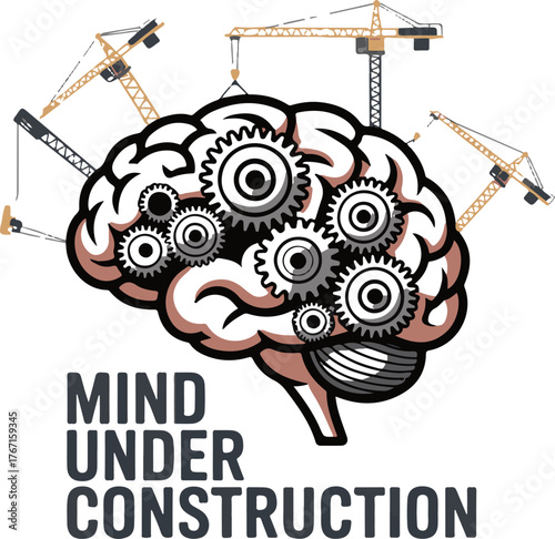 Creative mind under construction concept with gears and brain illustration isolated on white background