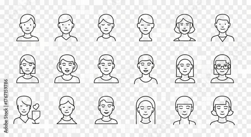 A collection of minimalist line art icons depicting various human faces and headshots of diverse individuals.