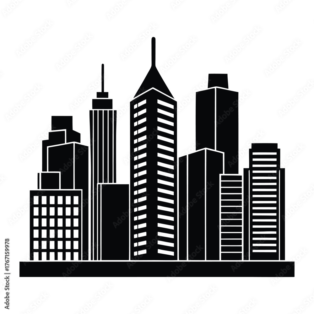 Naklejka premium Modern Office Buildings Vector Downtown Skyscrapers Silhouette