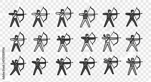 Multiple archer icons in rows, depicting figures aiming bows and arrows, some with variations in clothing and stance.