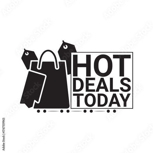 Black Color Hot Deals Today Vector Illustration, Solid White Background.
