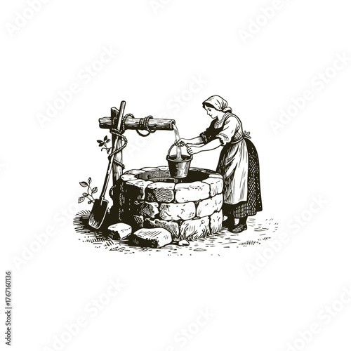 Detailed vintage woodcut illustration of a peasant woman drawing water from a traditional stone well using a bucket and wooden mechanism