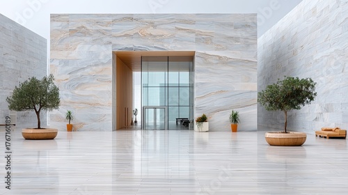 Fototapeta Naklejka Na Ścianę i Meble -  Minimalist White Marble Architecture Entrance With Two Trees In Potted Plants And Modern Glass Doors Reflecting Natural Light